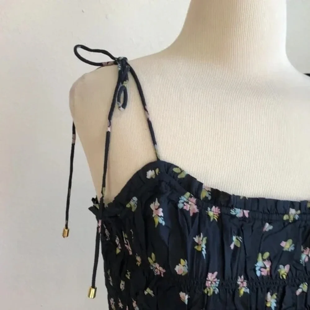 New Free People Kaia‎ Smocked Tie Up Crop Top Black Floral Print Size Small NWT
